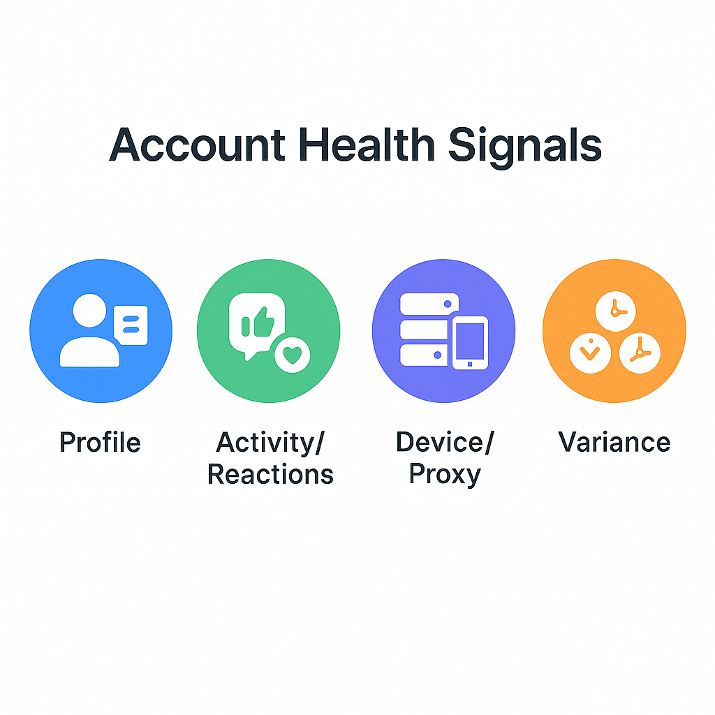 Six-signal Telegram account health rubric covering registration age, OTP source, proxy region, and warm-up readiness