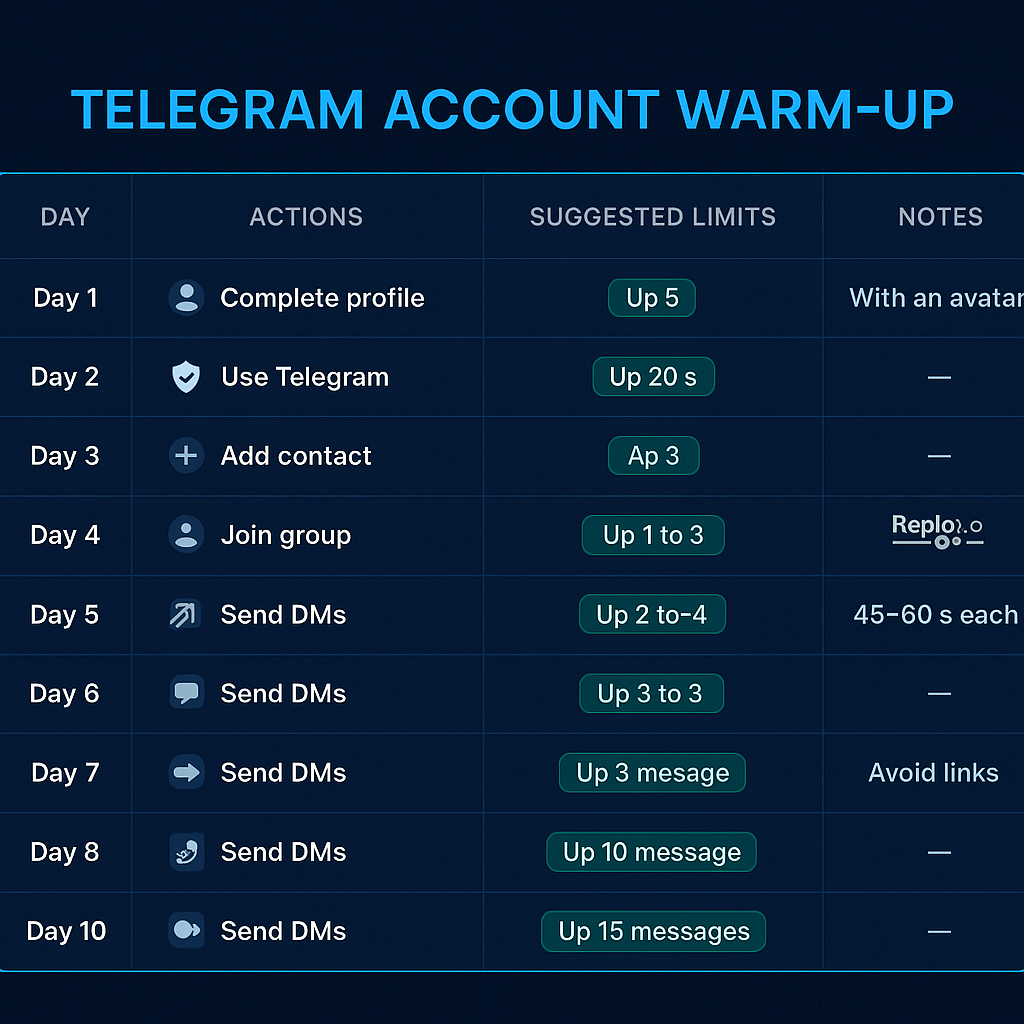Twelve-day passive warm-up calendar for newly purchased Telegram accounts with daily activity targets and trust-band readiness thresholds