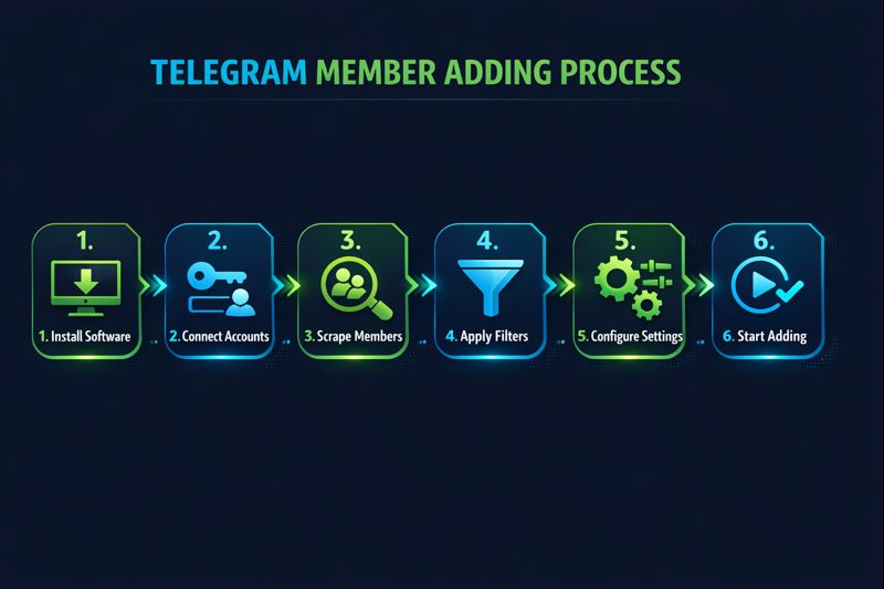 Step-by-step Telegram add-member flow showing where the 200-member manual limit blocks further direct additions to a group