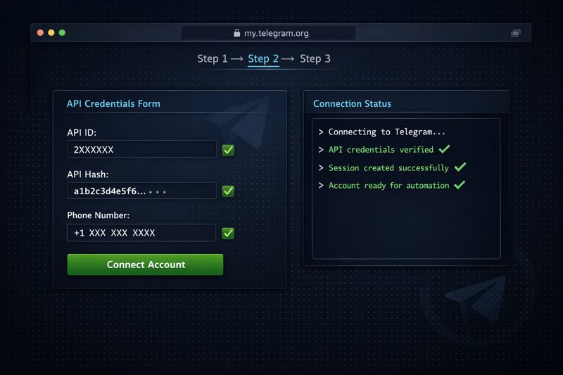 MTProto API connection panel showing api_id and api_hash fields with multi-account session strings ready for adding members