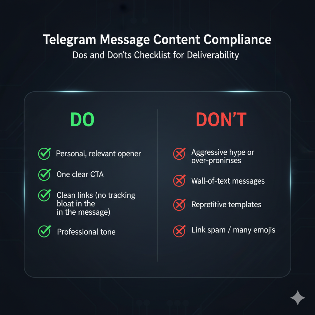 Daily Telegram safety habits: personalised messages, username-based contact, paced sending, and no links in first contact with strangers