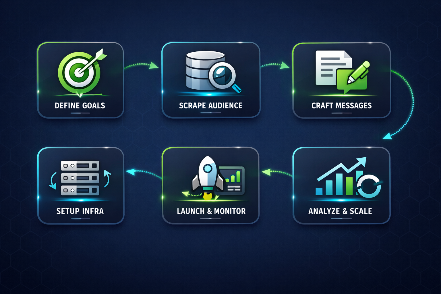 Campaign workflow diagram from group scraping and list filtering through warmed-account sending to reply handling