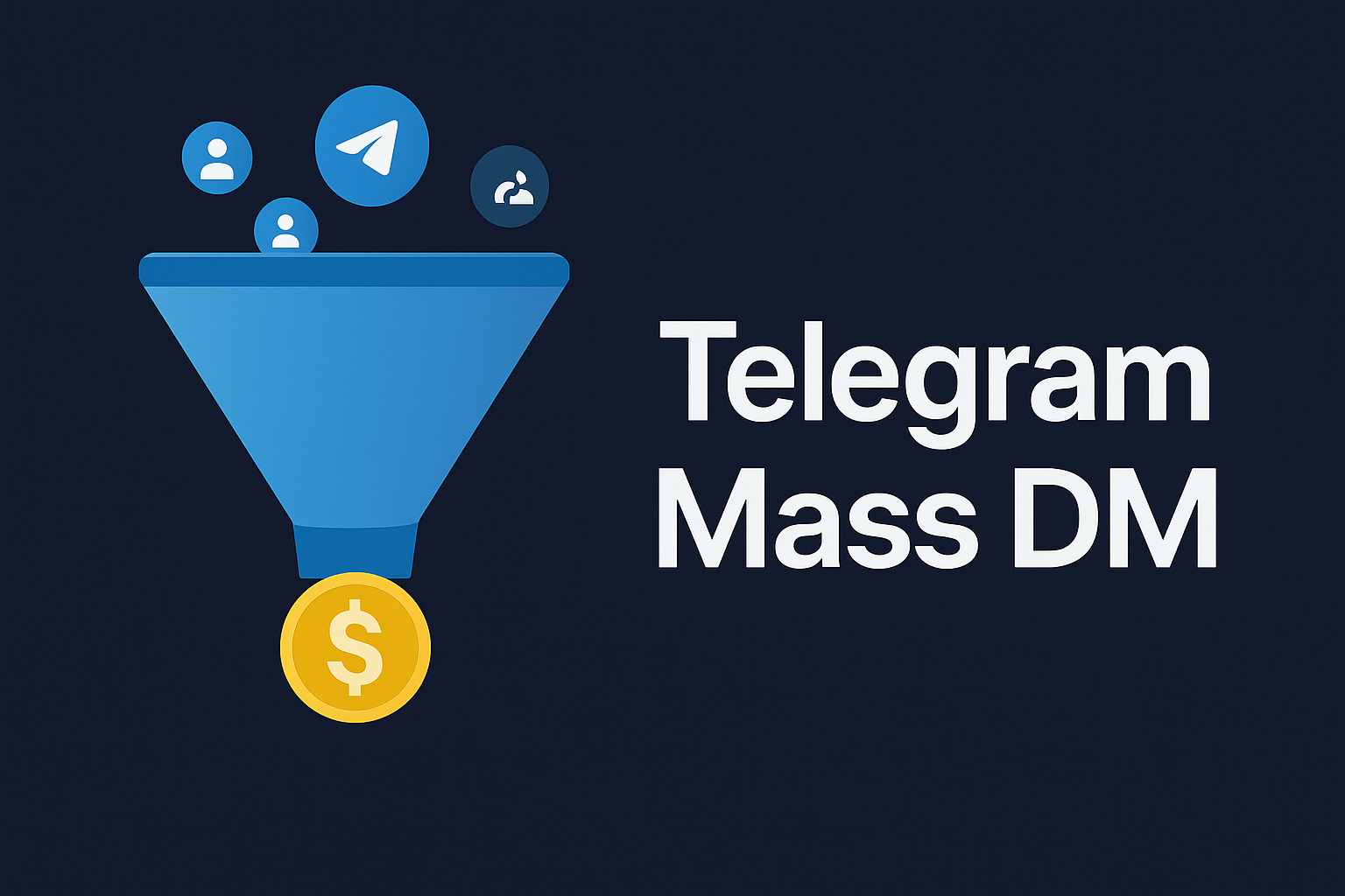 Telegram mass DM funnel showing list scrape, account warm-up, personalised first line, and reply-to-conversion stages with rate benchmarks