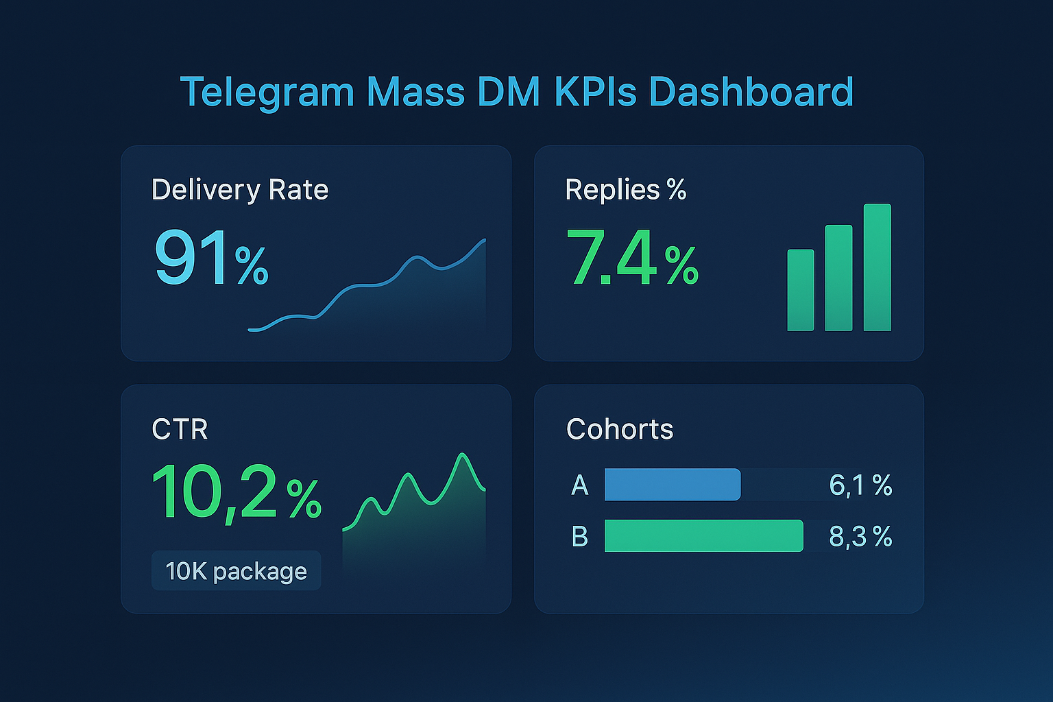 Telegram campaign KPI dashboard tracking impression rate, click-through, and OnlyFans link conversion across 47 campaigns
