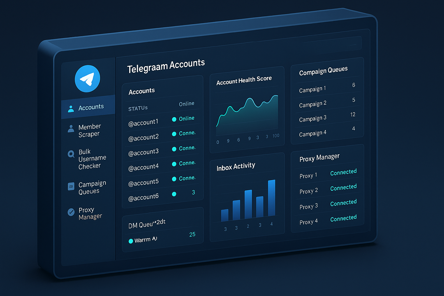 Software interface comparison of leading telegram account creator tools — KenzaByte emulator, anti-detect browsers, managed creation services, and aged account marketplaces