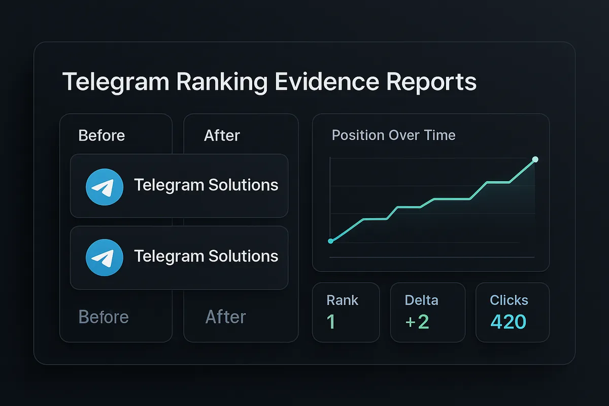 Ranking evidence report with dated search-position screenshots tracking a channel from page three to the top result