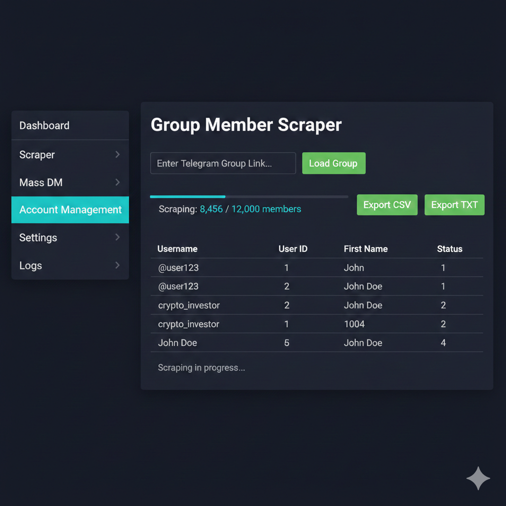 The YourSolutions scraper dashboard showing a filtered, niche-targeted member list ready for export and outreach