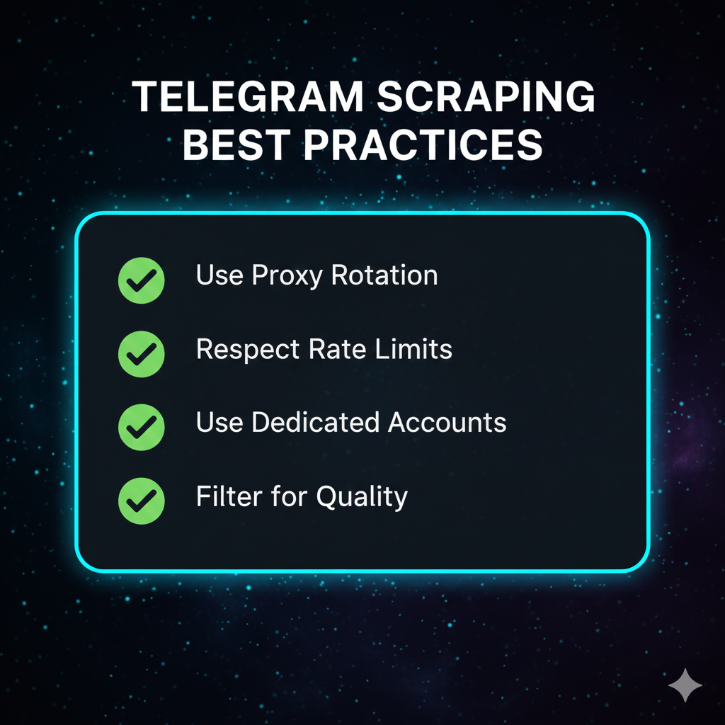 Safe scraping practices — secondary accounts, rate-limit pacing under 200 groups, and official API use to avoid bans
